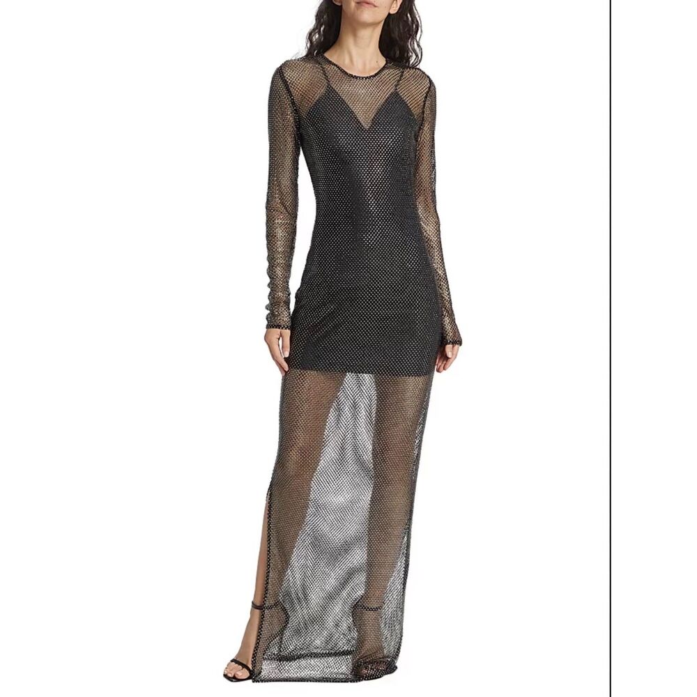 NWT Gianni Bini Black Mesh Rhinestone Maxi Dress Sz 0 Glam New Years Party Event